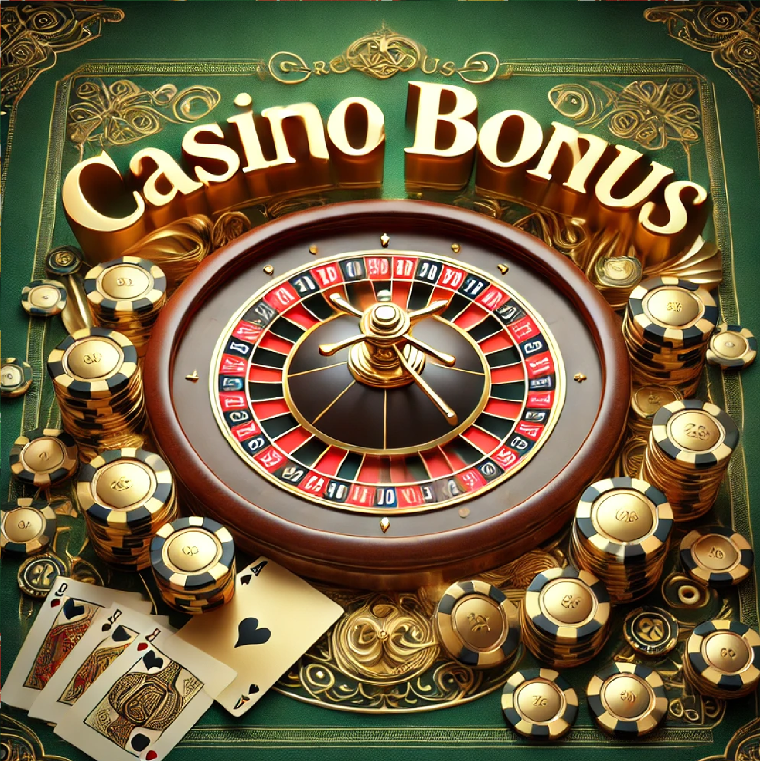 A festive image showing various casino bonus symbols like free spins, welcome bonuses, and loyalty rewards, with coins and chips scattered around.